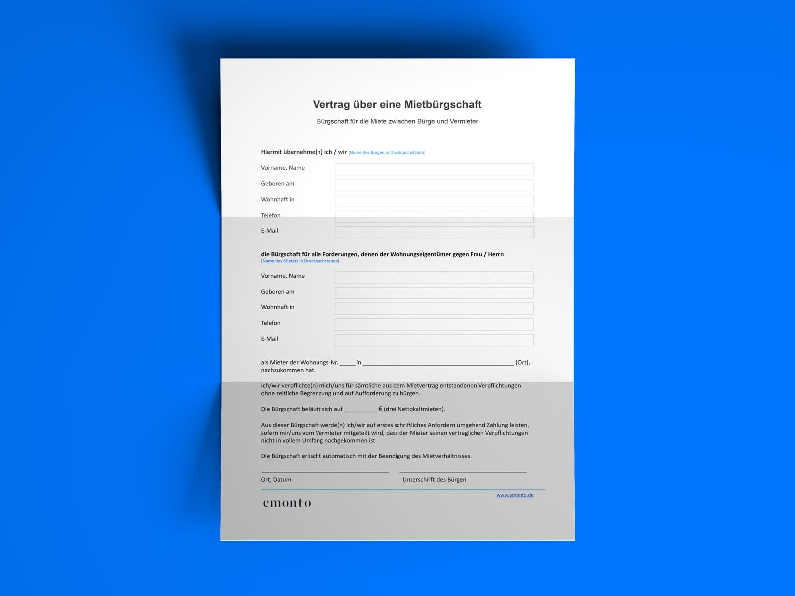 Bürgschaft, Miete Vorlage als PDF oder Word kostenlos verfügbar